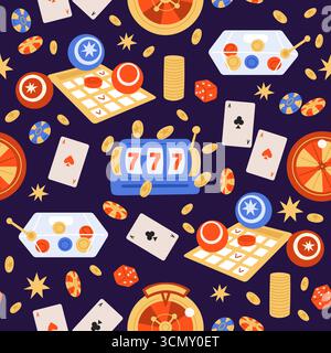 Gambling items. Roulette wheel. Playing poker cards. Gamble seamless pattern. Casino chips. Dices and token coins. Repeated print. Lottery and lotto n Stock Vector