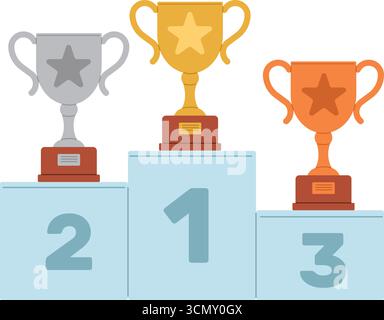Gold, silver, and bronze winners cups on podium for award ceremony. Rewards on victory pedestal. Winning prize. Championship achievement. Leadership p Stock Vector