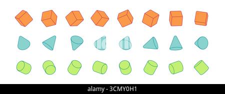 Flat 3D vector illustration of geometric shapes cube, cone, cylinder with outline stroke. Colorful isometric figures for math, education, science Stock Vector