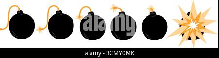 Black bomb icons with burning wick and explosion. War attack. Exploding process steps. TNT detonator. Grenade gunpowder explosive detonation. Timer fu Stock Vector
