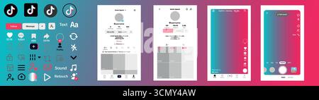 TikTok Mobile App UI Mockup Social Media Interface Screens and Icons Set Stock Vector