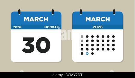 March 30 2026 Monday Calendar Vector Illustration. 30 March calendar page. Day calendar with date March 30. Week Starts on Sunday. Modern Calendar Stock Vector