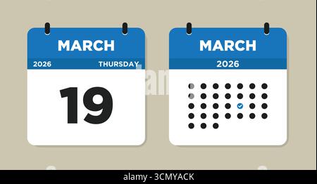 March 19 2026 Thursday Calendar Vector Illustration. 19 March calendar page. Day calendar with date March 19. Week Starts on Sunday. Modern Calendar Stock Vector