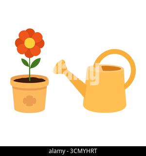 Bright flower and watering can isolated on white. Minimalist vector illustration for themes of gardening, growth, care, and sustainability Stock Vector