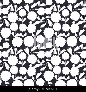 Black and white ditsy floral seamless pattern. Hand drawn vintage backdrop with tiny daisy flowers silhouettes. Monochrome Cottagecore texture Stock Vector