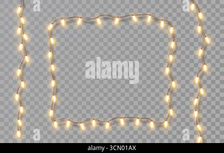 Rectangle, square garland of shine Christmas lights. Festive dangling string of yellow light bulbs on transparent background. Vector New Year party Stock Vector