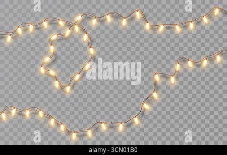 Garland of Christmas lights. Festive bright lights of bulbs, tangled wire, garland with loop isolated on transparent background. Vector New Year party Stock Vector