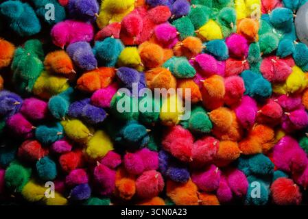 Colorful Dyed Baby Chicks Close Up – Bright Multicolored Fluffy Chicks Background Stock Photo