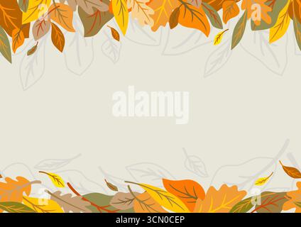 Autumnal border vector illustration. Randomly seamless pattern with bright multicolored fall leaves. Background with autumn elements for printing. Sun Stock Vector