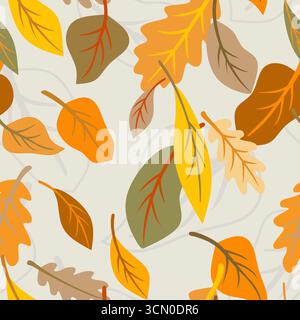 Autumnal ornament vector illustration. Randomly seamless pattern with bright multicolored fall leaves. Background with autumn elements for printing. S Stock Vector