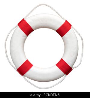 Classic red and white lifebuoy with rope on white background, representing safety and rescue at sea Stock Photo