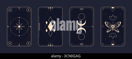 Tarot frame designs with mystical symbols and celestial elements for divination cards. Occult decorative borders with moon phases and geometric patterns. Esoteric templates for fortune telling decks. Stock Vector