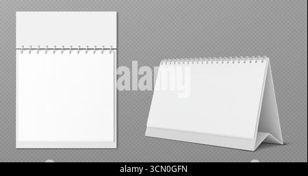 Paper calendar mockup with spiral binding for desk or wall display. Blank white pages stand upright and flip open for monthly schedule. Office stationery templates with various formats and metal rings Stock Vector