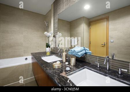 Interior view of a furnished apartment in Riyadh, Saudi Arabia, showing modern furniture, decor, and comfortable living space. Stock Photo