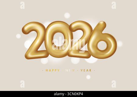 2026 Glossy Golden numbers, Happy New Year greetings. Vector illustration in a 3D style Stock Vector