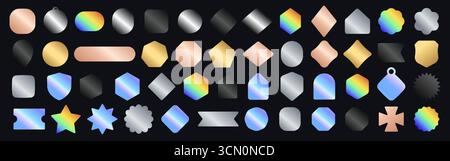 Gradient Metallic Badges Shapes For UI Branding Gold Silver Holographic Buttons Labels Icons. Minimal Modern Elements Set For Web Apps Social Media Stock Vector