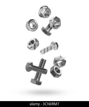 Metal nuts and bolts falling against white background Stock Photo