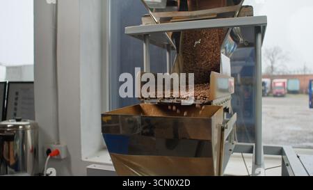 Close up falling roasted coffee beans from industrial processing roasting machine in modern factory brown aromatic cocoa grains pouring into container Stock Photo