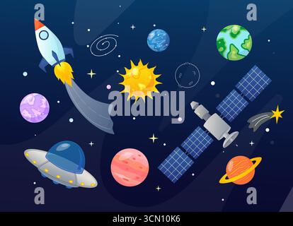 Spaceship, Rocket and UFO Flying Through Planets and Stars in Outer Space Stock Vector