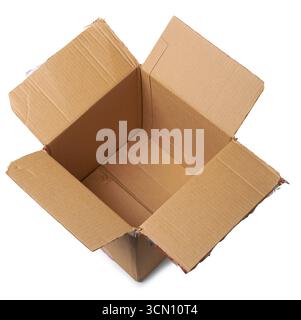 used opened corrugated cardboard box isolated white background, taken from above, mock-up template used in packaging, moving, shipping or delivery Stock Photo