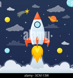 Spaceship launching in the outer space with planets and stars Stock Vector