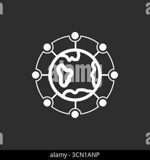 Global Neural Network Connection Icon in black background – Earth with Connected Nodes Symbolizing Worldwide Communication and Technology, Abstract Stock Vector