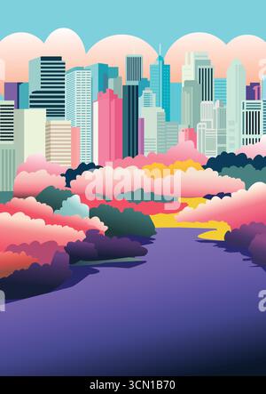 Colorful vector illustration of a modern city skyline and a river, contemporary urban landscape and creative digital art concepts. Stock Vector