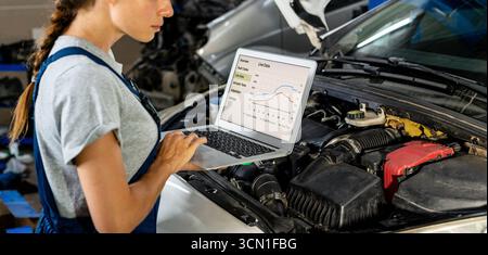 Female auto mechanic diagnostic car in repair shop using laptop Stock Photo