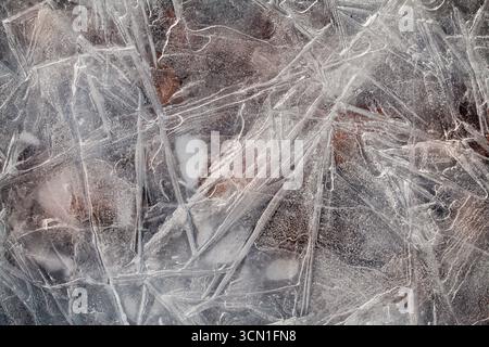 Macro of thin ice with various frozen structures, stones visible beneath, showing texture and patterns on Norwegian coast in winter Stock Photo