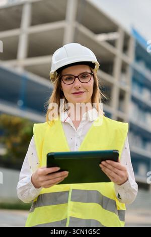 Woman engineer wearing hard hat holding tablet Stock Photo