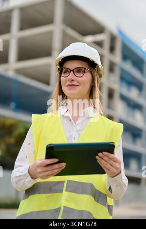 Woman engineer holding tablet working at construction site Stock Photo