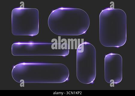 Light glass frames set isolated on black background. Vector realistic illustration of neon purple rectangular and oval borders with glowing effect, chat box, software button or game window design Stock Vector