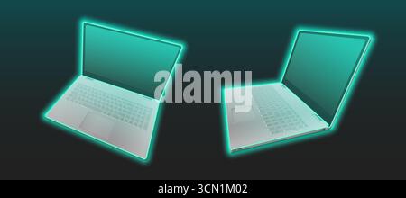 Laptop mockup with neon glow effect on dark background for futuristic design presentations. Green light illuminating silver notebook computer screen and keyboard. Tech device visualization concept. Stock Vector