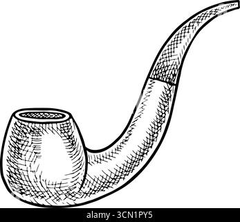 Smoking a tobacco pipe. Vector black and white illustration, hand-drawn in a graphic style. For logo, emblem, tattoo, poster, T-shirt, website, label Stock Vector