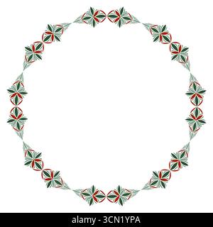 Ornamental geometric round frame. Fantasy round ornament of complex stars. Winter pattern in green red colors on white background. Design for christma Stock Vector