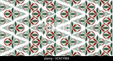 Christmas complex geometry seamless pattern. Winter ornament of curved lines. Fantasy green and red stars on white background. Classic Christmas decor Stock Vector