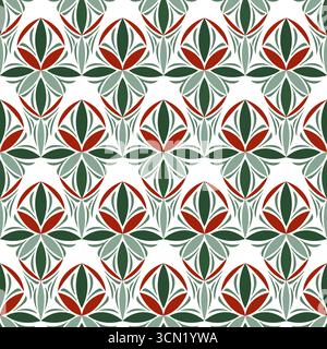 Christmas seamless pattern. Geometry winter ornament of curved lines. Fantasy green and red stars on white background. Classic Christmas decor Stock Vector