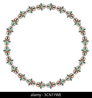 Ornamental geometric round frame. Fantasy round ornament of complex stars. Winter pattern in green red colors on white background Stock Vector