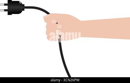 Hand Holding Electrical Plug. Hand Pulling Electrical Plug from Socket. Unplug Hand. Save Energy Concept. Vector Illustration Stock Vector