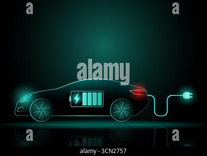 Modern Futuristic Electric Car or EV car Charging at a Charging Station. Neon Glowing Electric Car on Dark Background. Futuristic Electric Vehicle Con Stock Vector