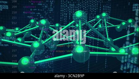 Rendering 3D net of neon green spheres and rods over grid plane code backdrop, cascading characters. Futuristic, digital, network, data, technology, a Stock Photo