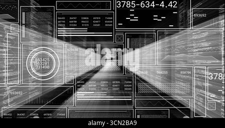Floating composite digital panels streaming through data tunnel, with numeric readouts and codes. Hud, interface, visualization, futurism, technology, Stock Photo