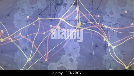 Displaying molecular models and colored network lines on grid in digital panel with axis labels. Abstract, scientific, visualization, data, digital, t Stock Photo