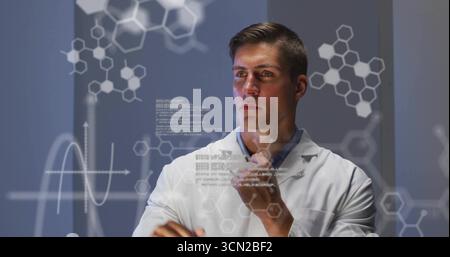 Exploring scientist wearing lab coat manipulating holographic models in laboratory with line graph. Technology, innovation, visualization, data analys Stock Photo