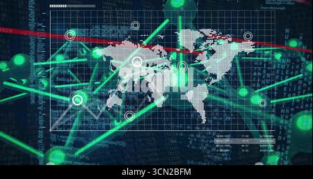 Displaying tracing links between glowing green nodes, target circles on world map over code panels. Technology, data visualization, futuristic, digita Stock Photo