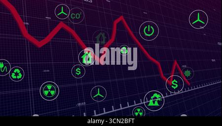 Displaying red fluctuating trend line graph moving across dashboard, with green eco-economic icons. Analytics, sustainability, digital, renewable, ene Stock Photo