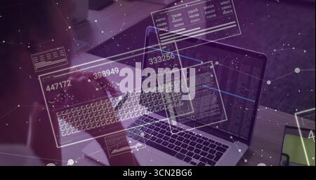 Typing data analyst using laptop keyboard on desk, with coffee mug, green notebook, data panels. Technology, innovation, cybersecurity, productivity, Stock Photo