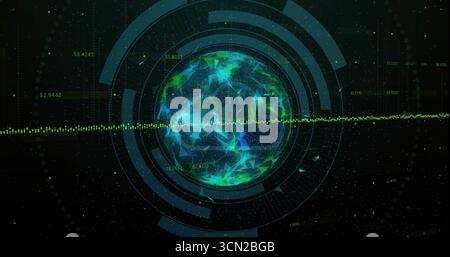 Displaying neon-green low-poly mesh rotating within control interface, with HUD rings and waveform. Futuristic, digital, technology, data visualizatio Stock Photo