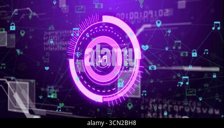 Displaying glowing circular HUD element in cyberspace network, with padlock icons and data streams. Futuristic, digital, neon, high-tech, abstract, cy Stock Photo