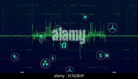 Displaying dashboard plotting green waveform on blue display, with CO₂ wind turbine nuclear icons. Interface, analytics, innovation, sustainability, t Stock Photo